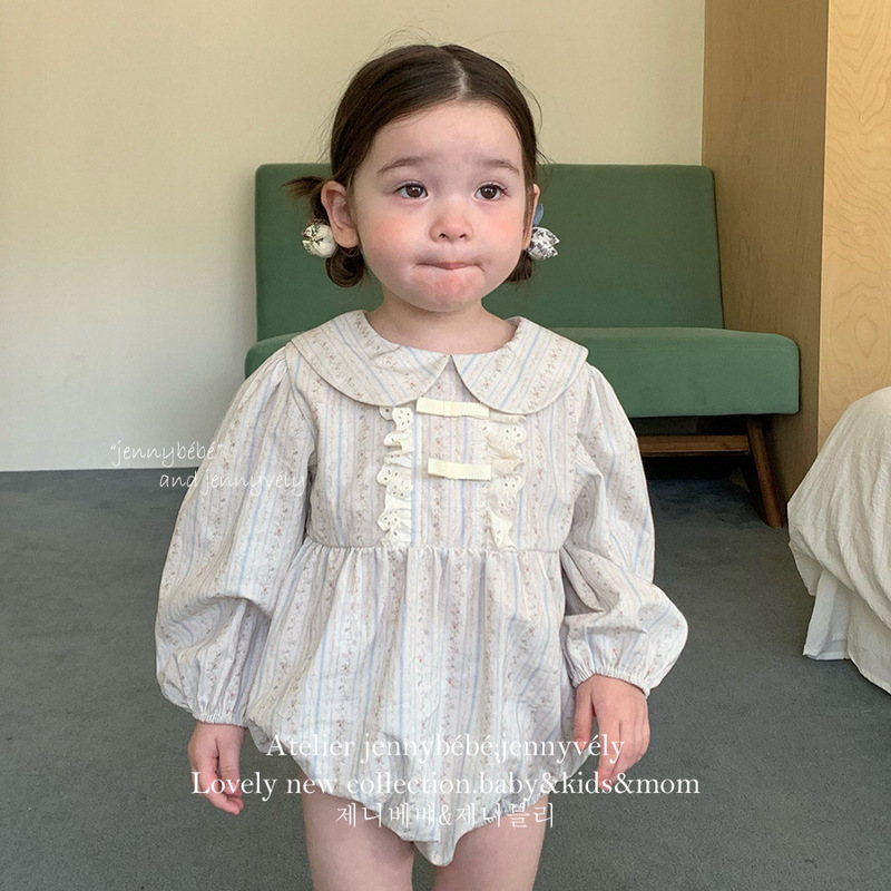 Jennybebe26 Spring Style Baby Girl Cute Doll Collar Romper Infant Lace Bow One-Piece Jumpsuit