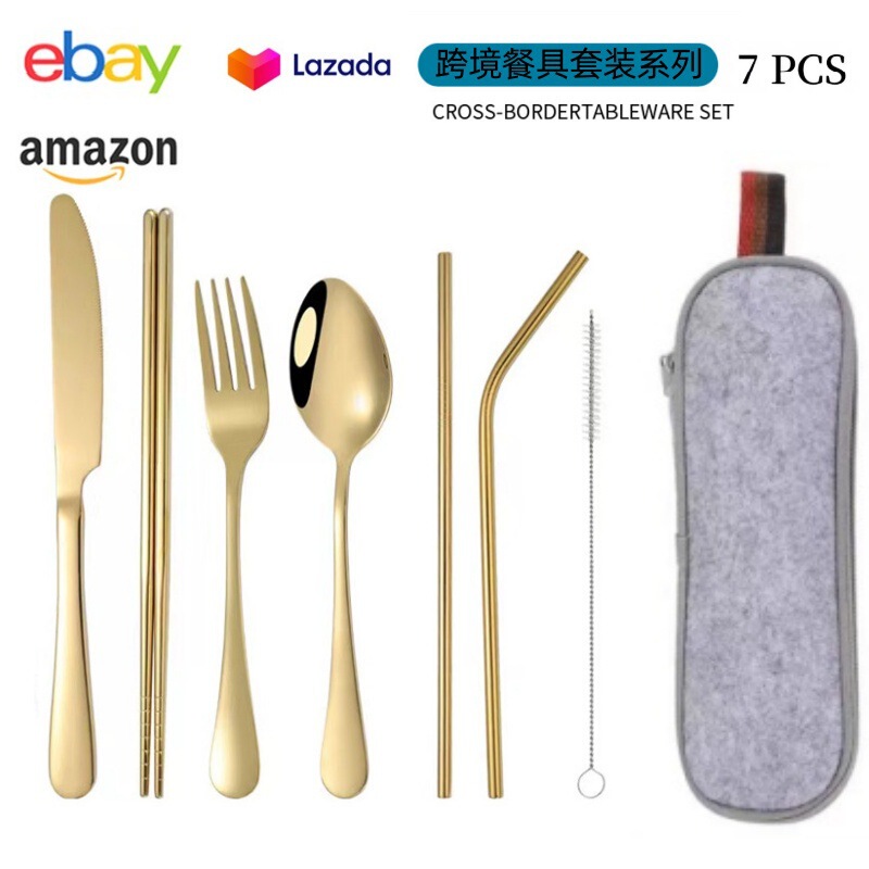 Cross-border Amazon Stainless Steel Tableware Knife and Fork Spoon Chopsticks Straw suit Portable Outdoor Seven-piece Cloth Bag suit