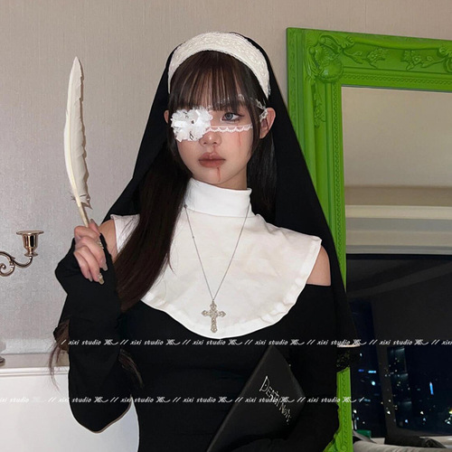 Lace Halloween Lace Cross Eye Mask for Women Dark Gothic Style Bowknot Heart Hair Band Accessory