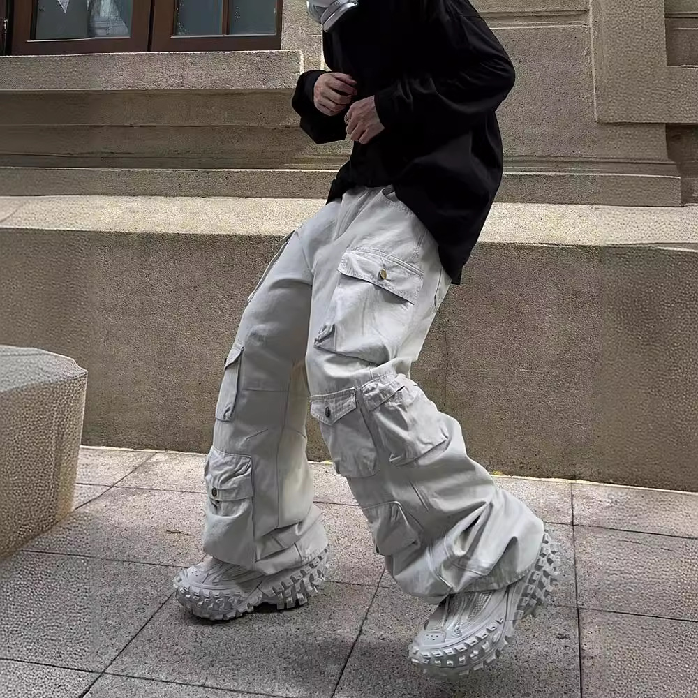 2023 estilo europeo y americano retro marca de moda casual pantalones sueltos rectos pierna ancha multi-Bolsillo overoles hombres