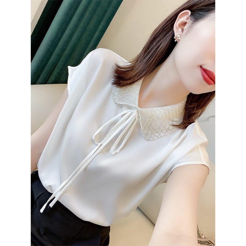 High-End Acetate Satin Shirt Women's Short-Sleeved Top New Summer Doll Collar Style Shirt White Shirt High-End Acetate Satin Shirt Women's Short-Sleeved Top New Summer Doll Collar Style Shirt White Shirt