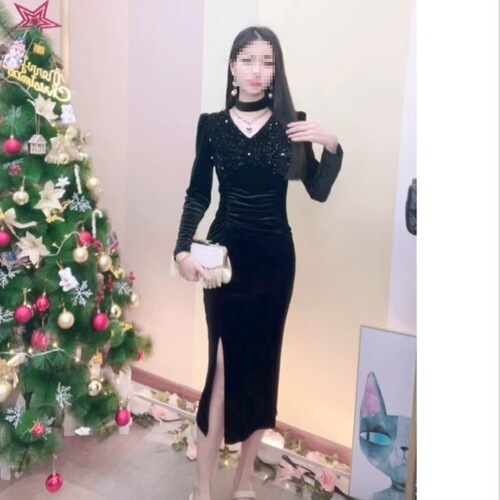 French royal style sexy split high waist slimming long-sleeved dress for women in winter Hepburn style pure desire all-match dress