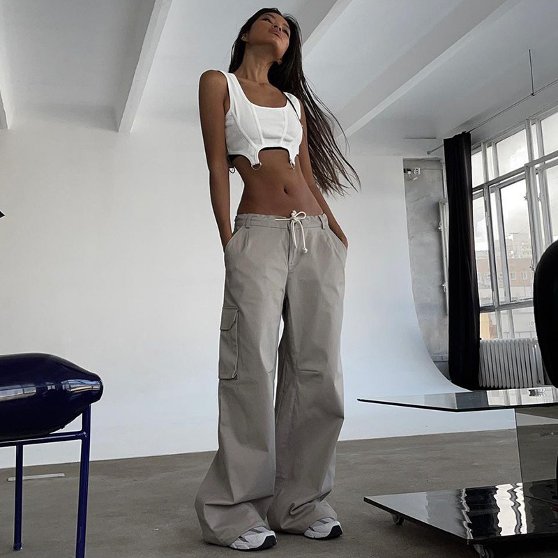 Streetwear Solid Color Spandex Polyester Pocket Patchwork Cargo Pants