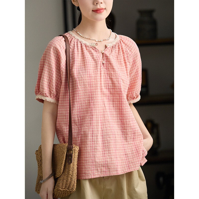 Gjcp Original Artistic Cotton and Linen Plaid Short-Sleeved Top, Summer Lace Collar Exquisite Age-Reducing T-Shirt for Women Gjcp Original Artistic Cotton and Linen Plaid Short-Sleeved Top, Summer Lace Collar Exquisite Age-Reducing T-Shirt for Women