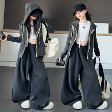 女童套裝秋季2025新款中大兒童裝洋氣休閑運動刺綉連帽外套兩件套