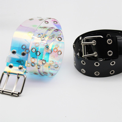 PVC transparent double row holes waistband for women girls corns laser dazzle colour air-vent belt men and women fashion jeans belt can be adjusted