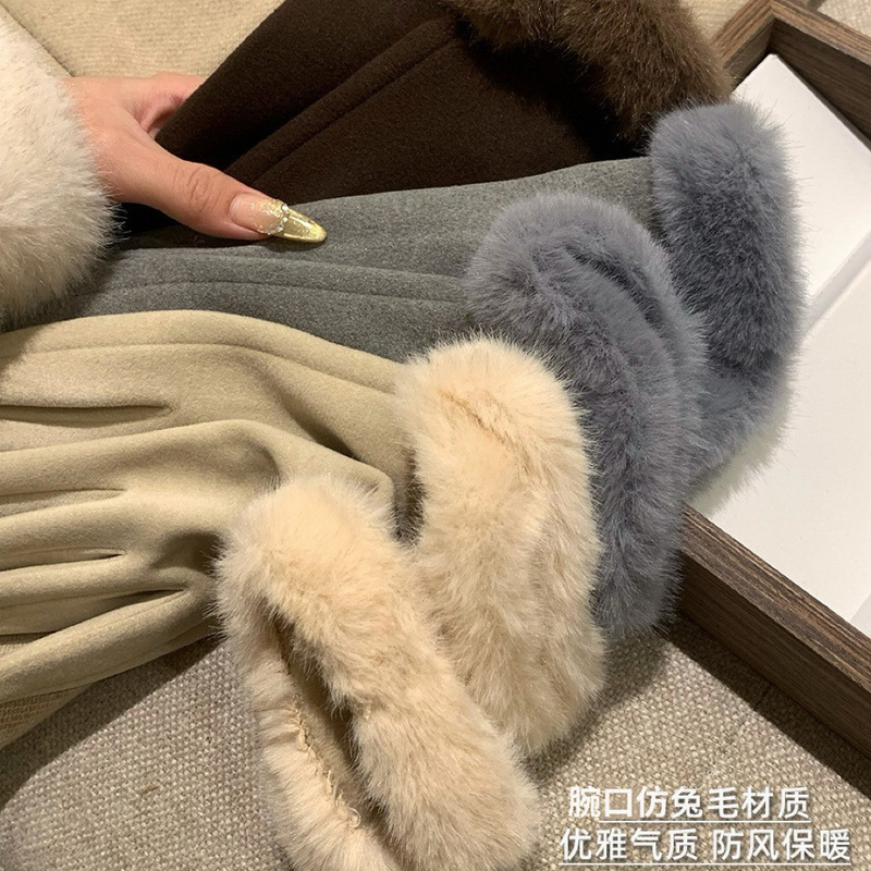 名媛千金风轻奢德绒仿兔毛手套女冬季加绒保暖防寒可触屏气质手套|undefined