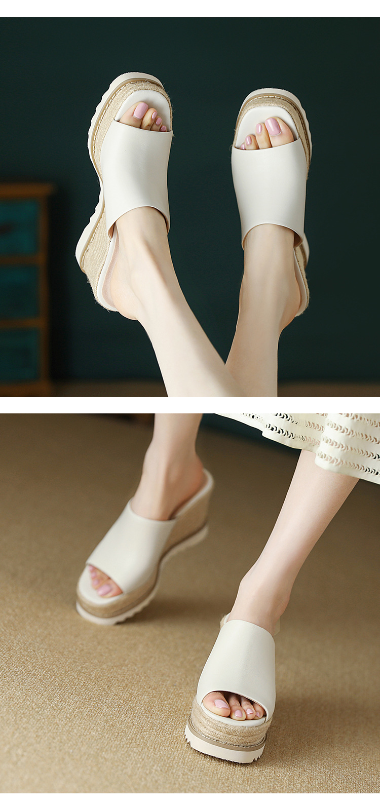 Sandal cao gót nữ hở mũi đế xuồng đan rơm phong cách La Mã — màu nâu, màu trắng ngà chi tiết 7