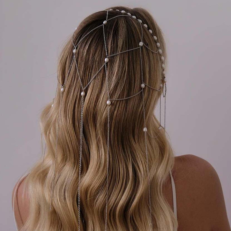 Amazon venta caliente de perlas cadena de termites ligera de lujo malla de novia accesorios de alta calidad banda de cabeza para mujeres