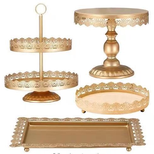 Fijación de pastel de hierro forjado props de boda platos de pastel de oro decoración de pastel europeo bordes de encaje artesanía estante de pastel