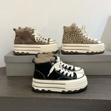2025冬季高帮加绒厚底真皮兔毛高帮帆布鞋女百搭松糕底增高板鞋