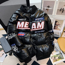 赛车PU皮棉服男款冬季美式高级感机车棉衣袄oversize潮牌痞帅外套