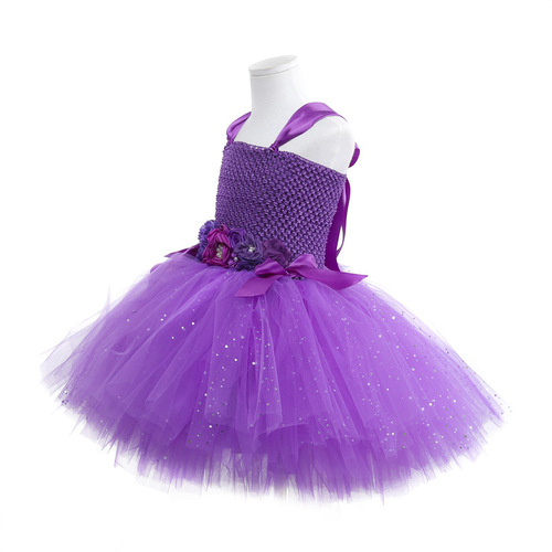 2024 Stylish Children's Pom Pom Dress Princess Nylon Purple Girls Western Handmade Tutu Dress for Girls' Birthday