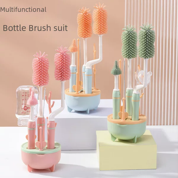 Baby-Specific Silicone Bottle Brush Three-Color Long-Handled Cleaning Brush Combination 360-Degree Rotating Cleaning Bottle Brush Set