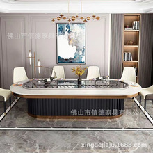 定制椭圆形岩板餐桌电动转盘传送带圆餐桌可开孔安装电磁炉火锅桌