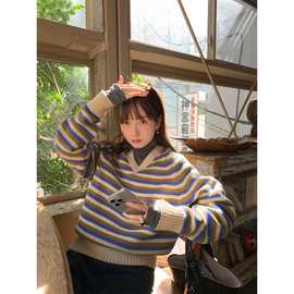 现 2025冬季新款韩国设计师ler*be宽松V领条纹撞色针织毛衣