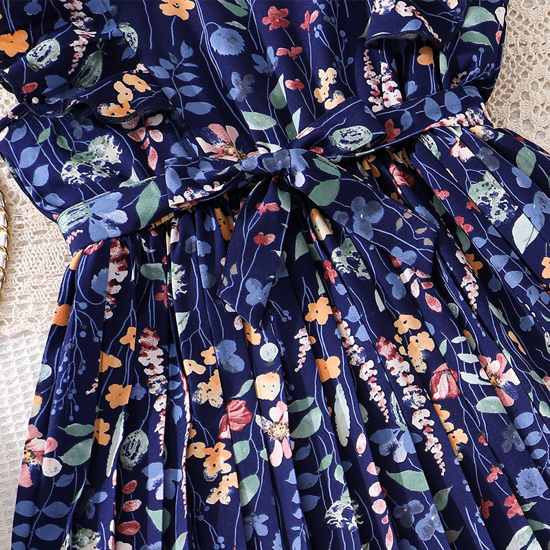 Robe d'été pour fille à fleurs françaises, manches courtes, style princesse, coupe ajustée, plissée, motif végétal_voghion.com