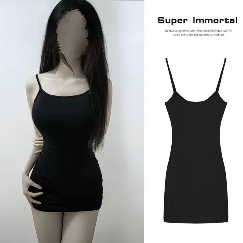 Pure Desire Spaghetti Strap Short Dress, Slim Fit Black Sleepwear for Petite Women — detail image 2