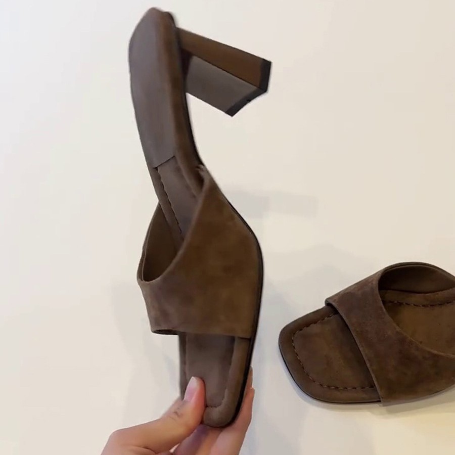 Sheepskin Version~French Style High Open Square Toe Summer Outdoor Simple Convenient Slip-On Chunky Heel Versatile_vogvips.com