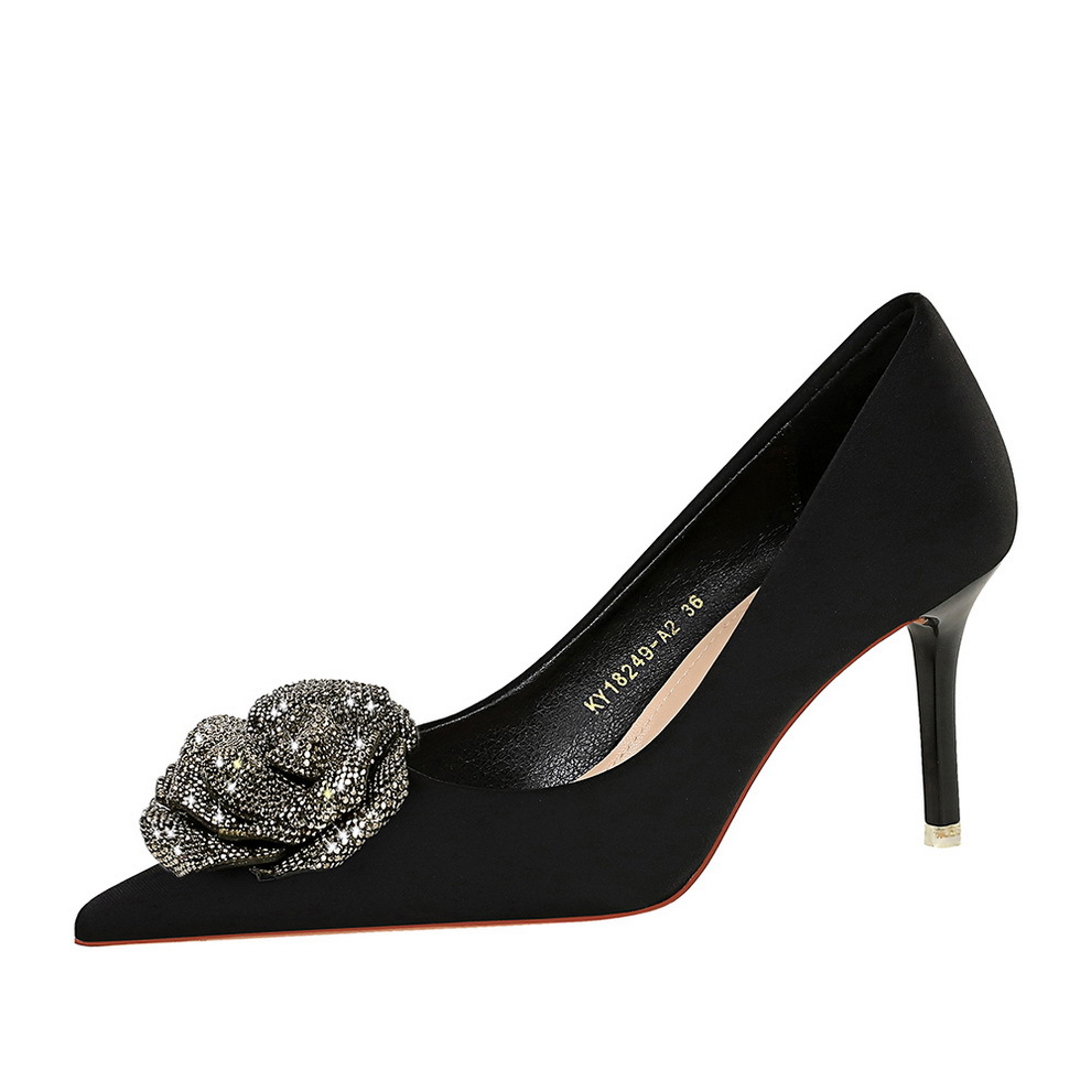 Women's shoes fine heels high heels satin shallow mouth pointed point rhinester flower single shoes_voghion.com