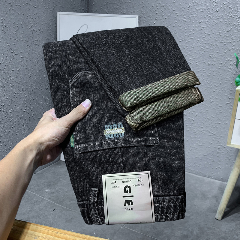 Trendy brand hot selling jeans for men in spring autumn  2024, blue and gray drawstring slim fit small leg pants, men's_senzul.com
