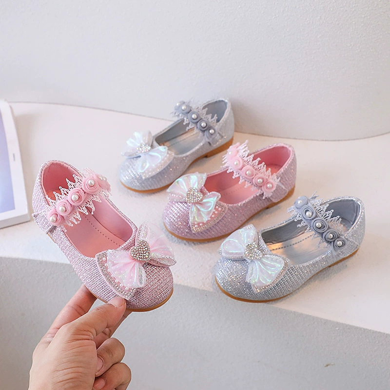 Обувь для девочек, обувь для сказочной принцессы с блестящим бантом и жемчугом в иностранном стиле, детская обувь с пайетками для маленьких девочек