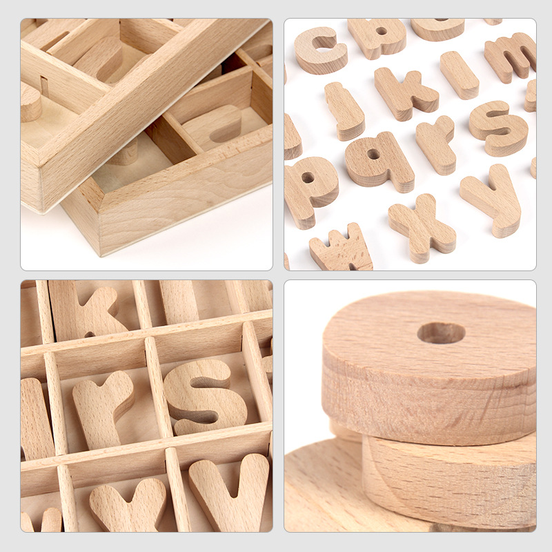 Bloques de madera de beech Monty 26 letras mayúsculas y minúsculas juegos de enseñanza cognitiva al por mayor