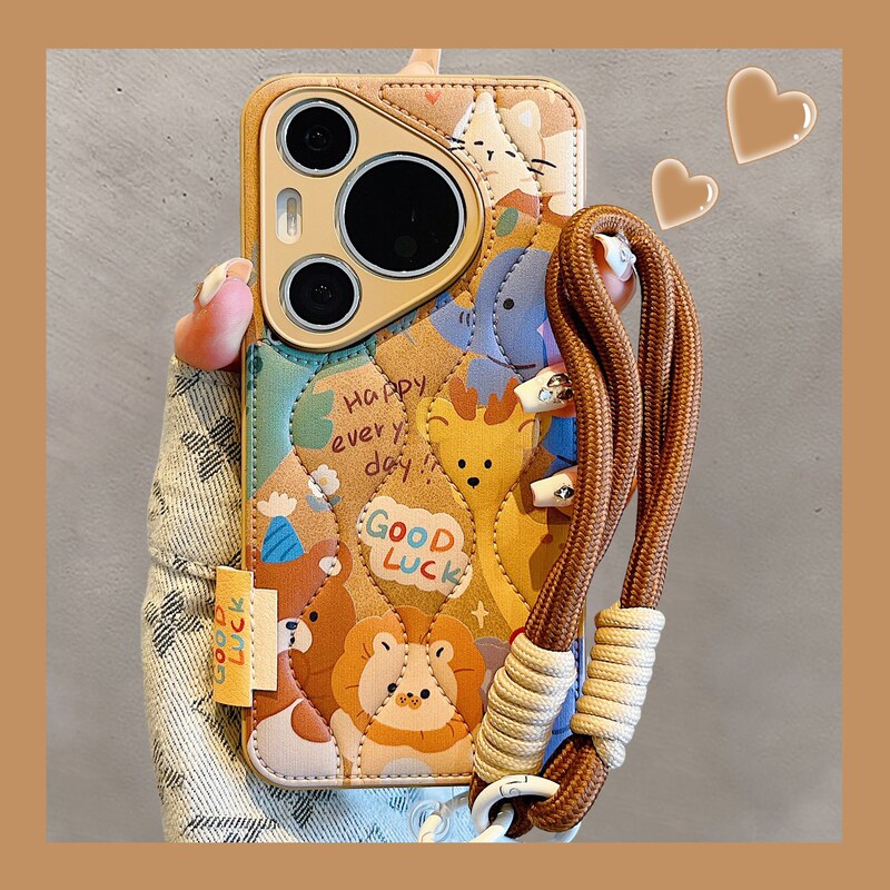 For Huawei pura70pro Phone Case Autumn and Winter New mate60pro Cartoon Down Jacket Zoo Mate 40/50Pro Cute Women's 70Ultra Wristband Lanyard Full Coverage Cover