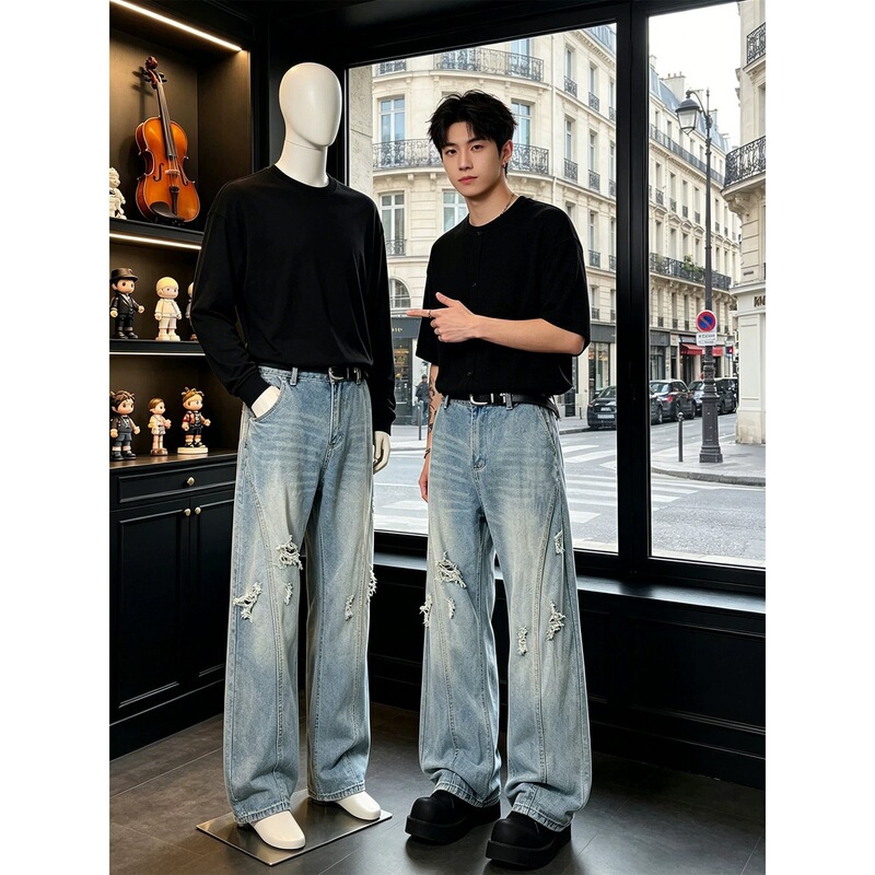 Vintage Blue Diagonal Cut Ripped Jeans for Men, Summer Thin Style, American Retro Design, Slimming Straight-Leg Flared Pants Vintage Blue Diagonal Cut Ripped Jeans for Men, Summer Thin Style, American Retro Design, Slimming Straight-Leg Flared Pants