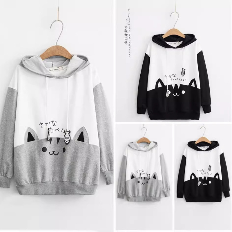 Japanese Style Mori Girl Autum New Cute Cat Splicing Hooded Student Girl Casual Long-Sleeved Sweatshirt