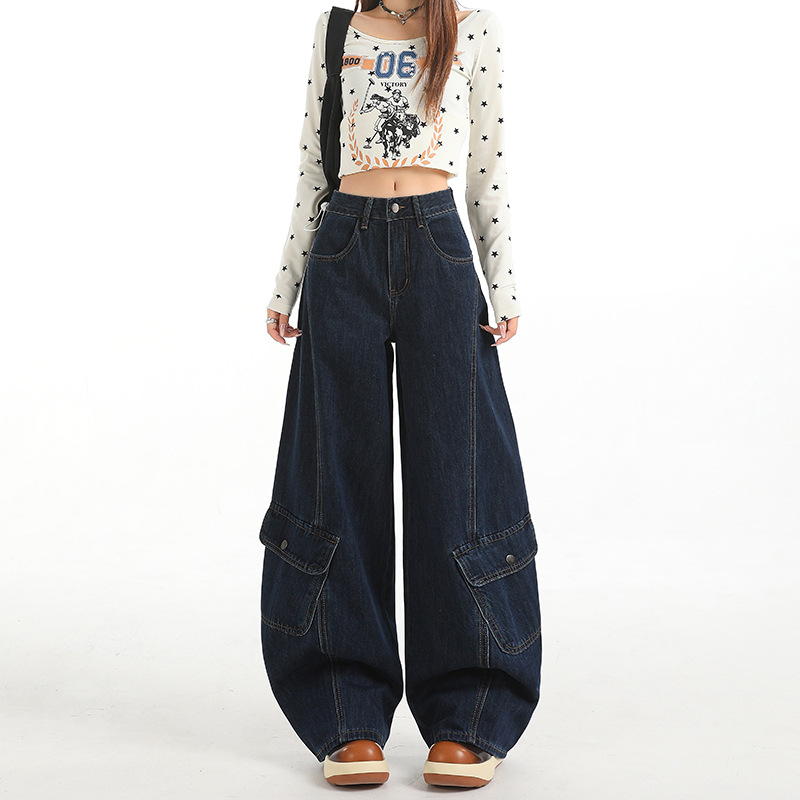 2025新款爆款原色高腰迷彩多口袋工装裤宽松牛仔裤女百搭显瘦中裤