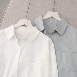 TC186春秋新款双口袋雪纺衬衫 女韩版设计感宽松显瘦打底衬衣上衣
