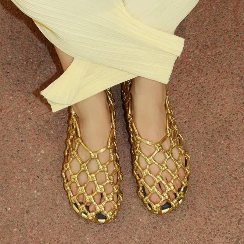 Sheepskin Version ~ Hand-Woven Cut Out Fishnet Flats for Women, New Summer Flats-Soled Pig Cage Roman Sandals for Women