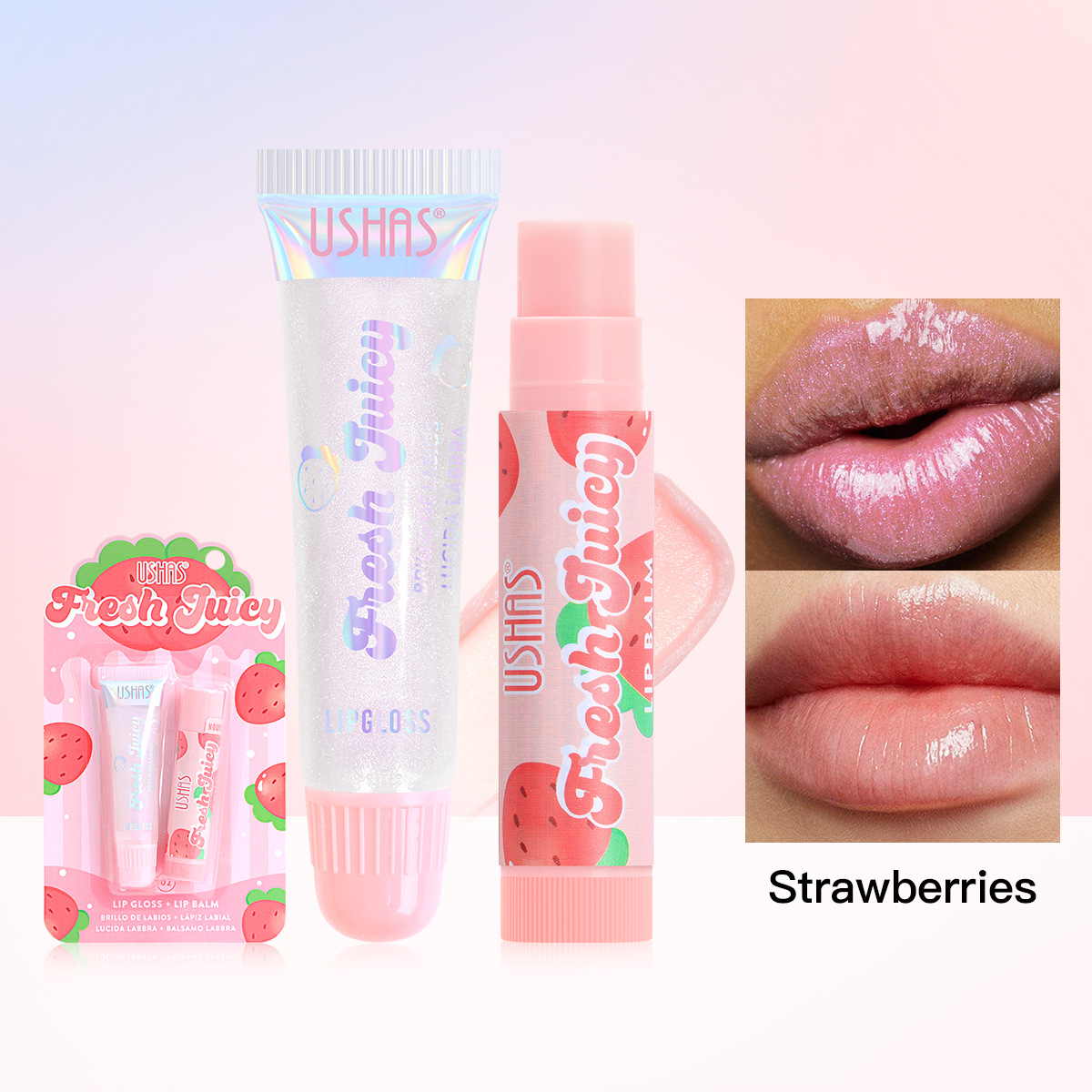 USHAS European and American Cross-border spot lápiz labial brillo de labios sabor a fruta combinación hidratante e hidratante US012