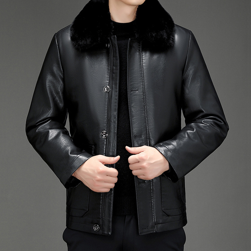 Men's Thickened Fleece Leather Jacket, Plus Size, New Winter Men's Warm Leather Coat for Middle-Aged and Elderly