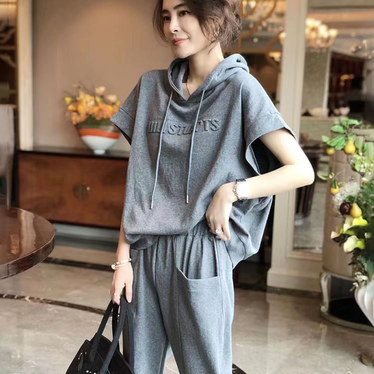 Women's Sports Casual Hooded 2026 Summer New Loose Versatile Short Sleeve Plus Size Two-Piece Set Cross-Border Wholesale_ecoleips.com