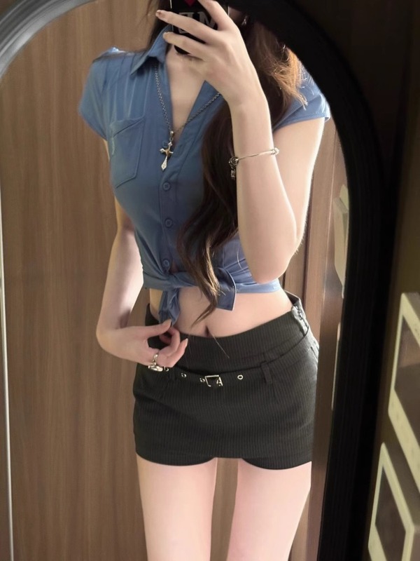 美式学院风蓝色短袖正肩衬衫女夏季2025新款辣妹修身掐腰短款上衣|undefined