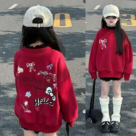 女童薄款卫衣2026秋新款儿童上衣女大童春秋洋气红色衣服潮