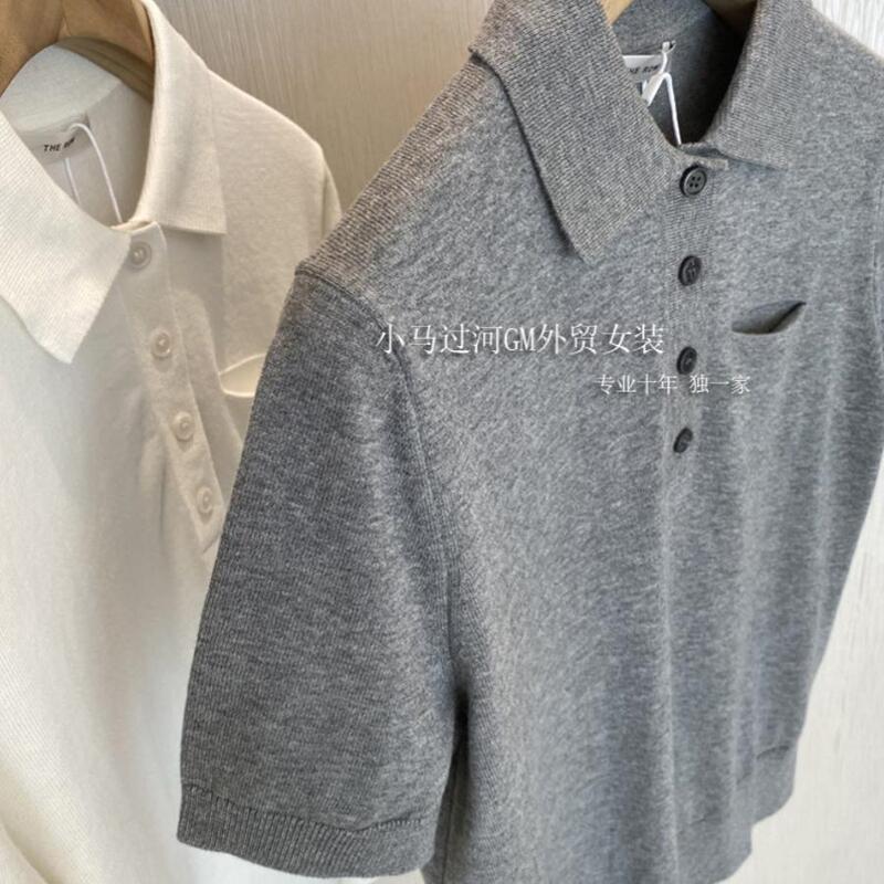 Burst love!! Crazy and charming collar and temperament, R * W French polo collar shoulder slimming short sleeve sweater