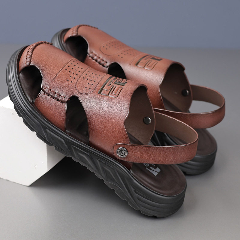 Dép sandal nam bít mũi da bò lớp đầu đế dày thoáng khí gót 3 cm — Màu nâu, Màu đen