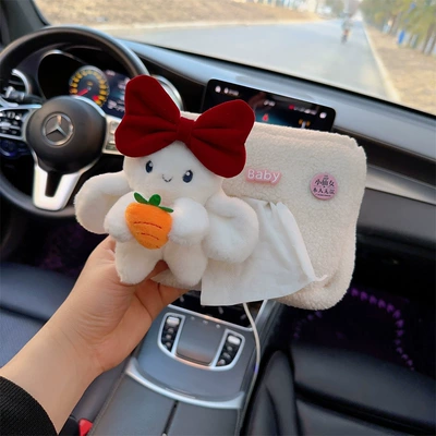 Car Seat Back Paper Cover Plush Tissue Box Car Multi-function Hanging Paper Bag Women's Cute Cartoon Car Supplies (Car tissue box/set) - cute-rabbit-style-1-lamb-wool-paper-box