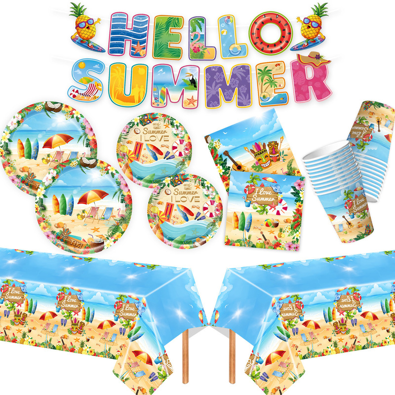 Summer Seaside Hawaiian Theme Party Tableware Paper Cups Paper Plates Paper Towel Set Banner Flag Decoration Supplies Summer Seaside Hawaiian Theme Party Tableware Paper Cups Paper Plates Paper Towel Set Banner Flag Decoration Supplies