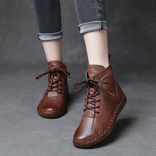 Genuine Leather Single Boots, Hand-Stitched Bare Boots, First-Layer Cowhide Mother's Shoes, 2025 Autumn and Winter New Style, Tendon Soft-Soled Short Boots
