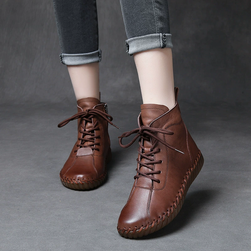 Натуральные кожаные ботинки, сшитые вручную, из первого слоя воловьей кожи, женские туфли, новинка осени-зимы 2025, короткие ботинки на мягкой подошве из телячьей кожи