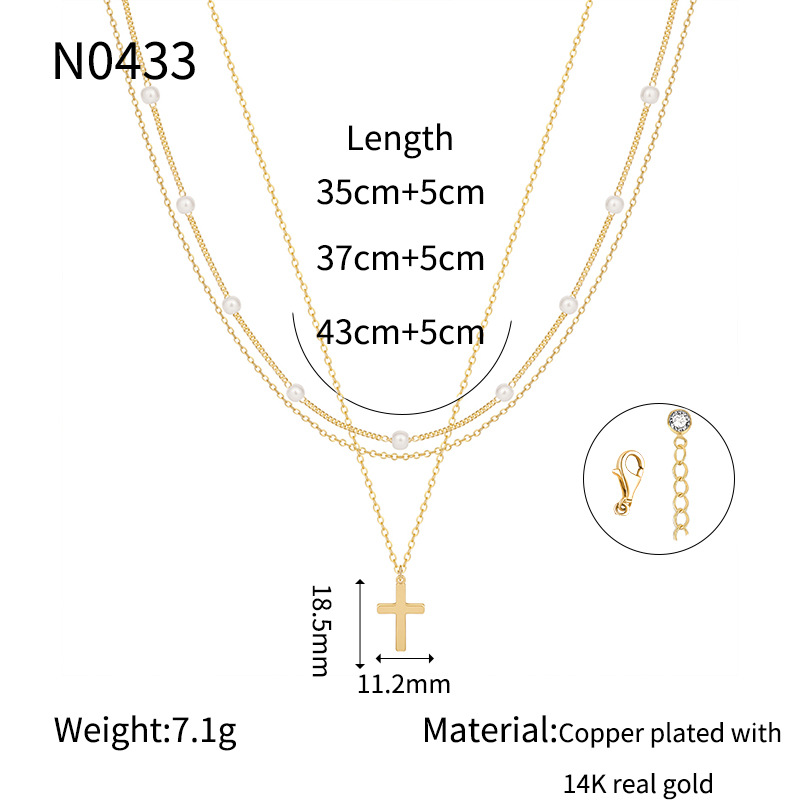 Luxury Gold-plated Pearl Cross Layered Necklace For Women_voghion.com