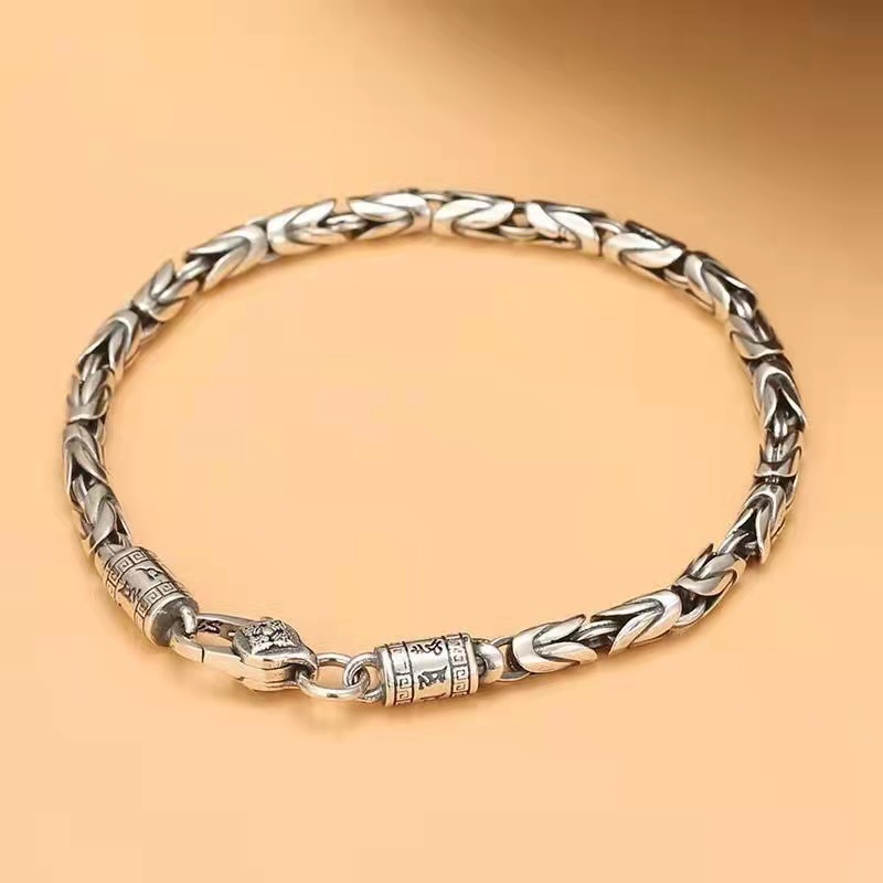 New Men's Ping An Pattern Silver Plated Bracelet Do Old Couple's Personality Jewelry Japanese and Korean Style Cross-border Jewelry Bracelet