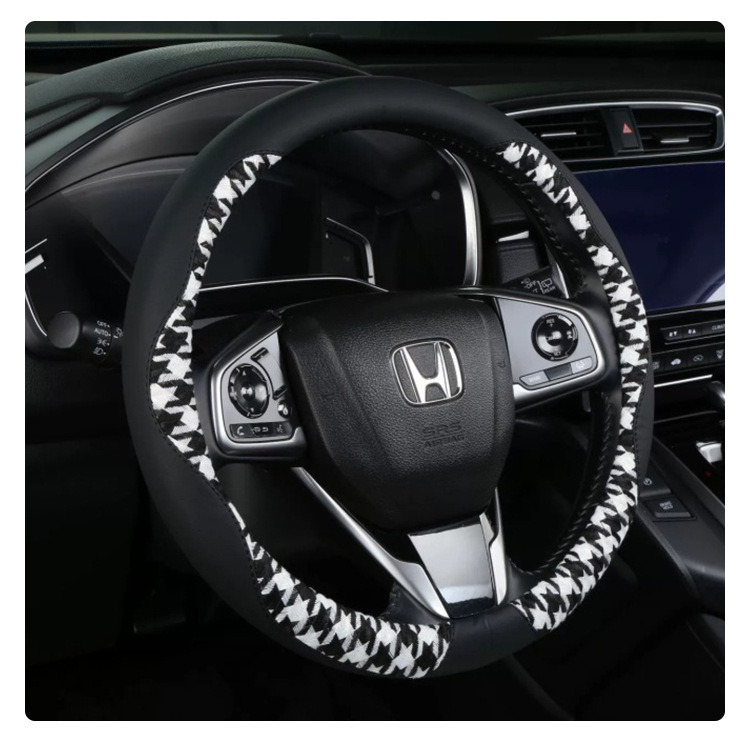 Customized Linen Sports-Style Houndstooth Steering Wheel Cover, Car Interior Accessories, Universal Car Steering Wheel Cover