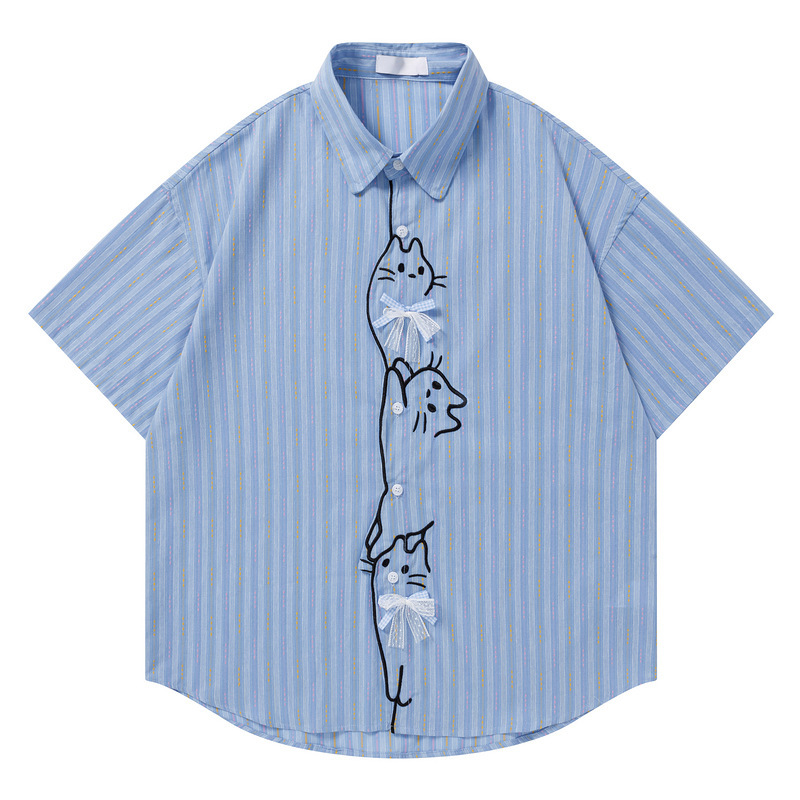 Striped Cat Embroidery Lace Bow Short-Sleeve Shirt Unisex Loose Fit Petite College Style Korean Fashion Top Trendy Striped Cat Embroidery Lace Bow Short-Sleeve Shirt Unisex Loose Fit Petite College Style Korean Fashion Top Trendy
