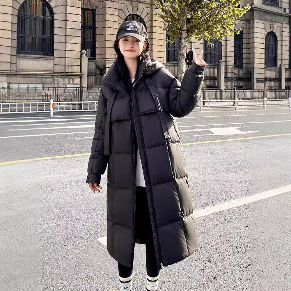 Algodón de mujer largo grueso aire caliente suelto estilo académico coreano con capuchón de algodón de color sólido comercio exterior abrigo transfronterizo