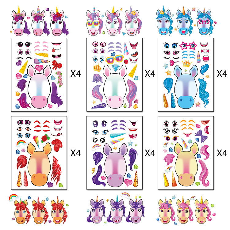 Unicornio vestir cara pegatinas DIY unicornio Fantasía animal mezcla y partido pegatinas fiesta de los niños suministros pegatinas